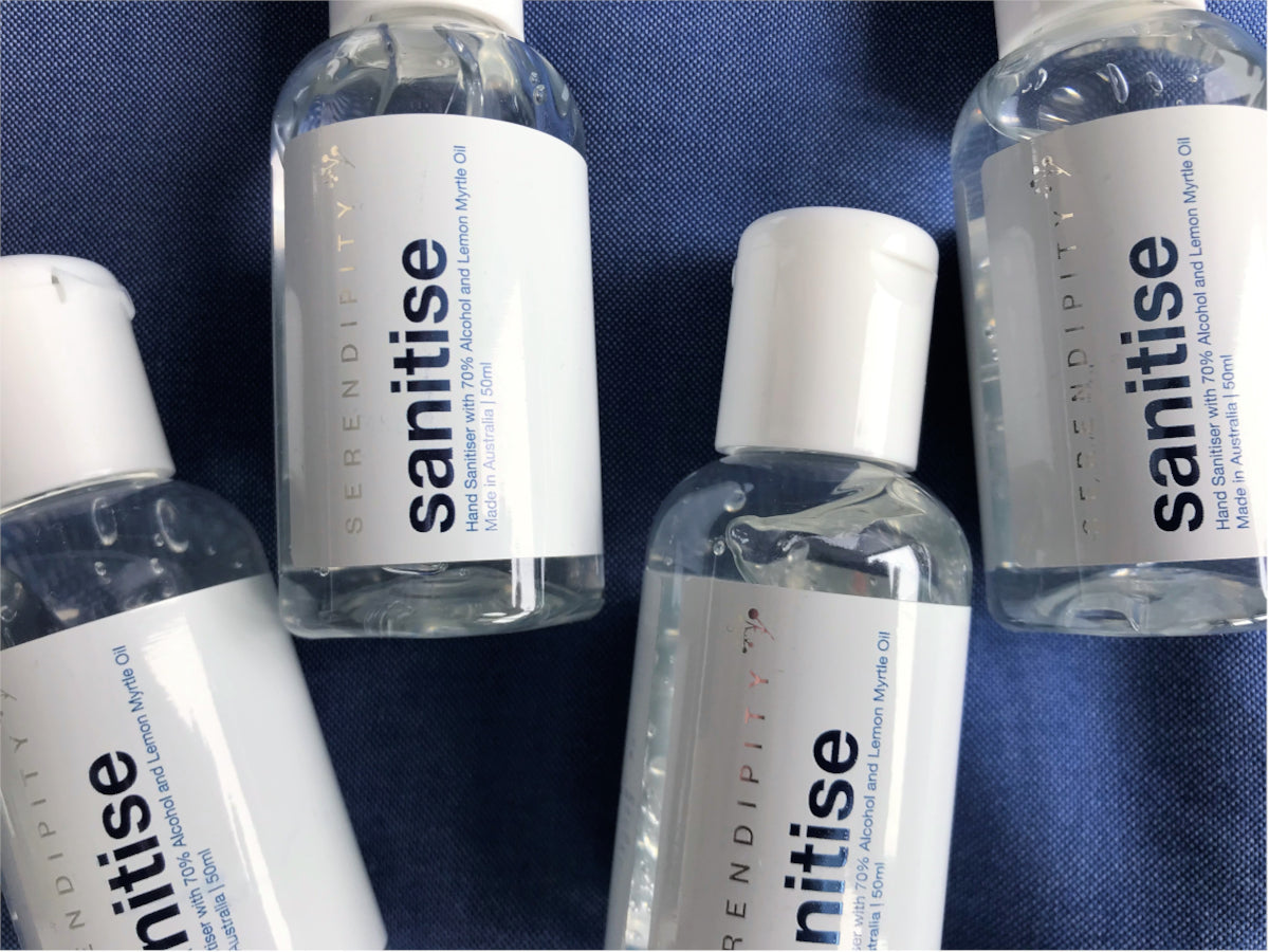 Australian made hand sanitiser with 70% alcohol derived from natural sources and scented with indigenous lemon myrtle oil from Serendipity Skincare. Protect your family and friends with locally made hand sanitiser.