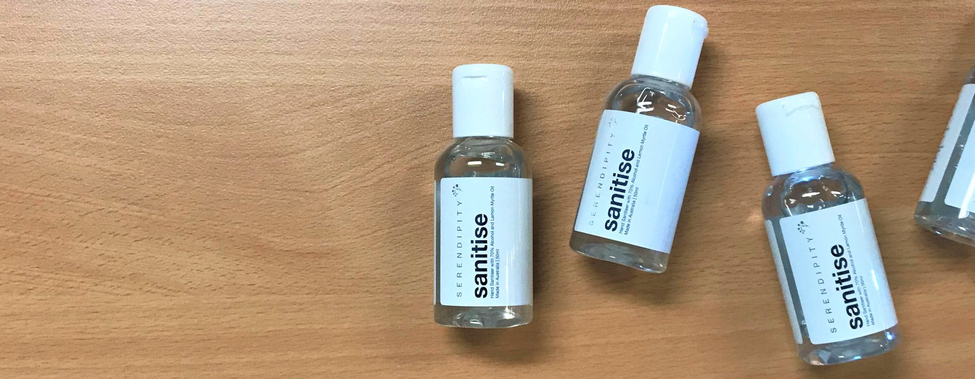 Australian made hand sanitiser with 70% alcohol derived from natural sources and scented with indigenous lemon myrtle oil from Serendipity Skincare. Protect your family and friends with locally made hand sanitiser.